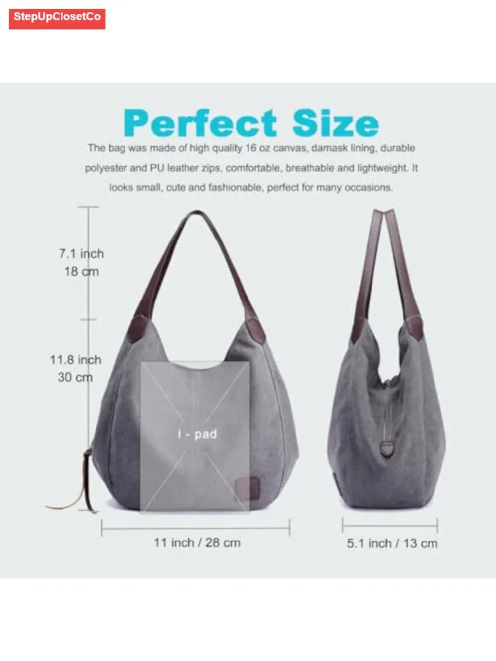Canvas Multi-Pocket Hobo Bag with Magnetic Closure and Zipper, Shoulder Bag